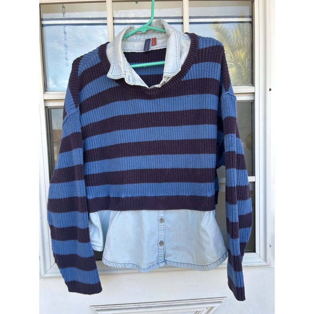 Pilcro Anthropologie Striped Mixed Media Denim Layered Sweater Preppy L
